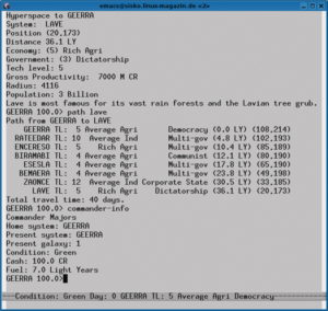 Abbildung 3: ... auch Grundkenntnisse in extraterrestrischer Handelskunst. Die lassen sich auch im Emacs trainieren, falls kein C 64 mehr zur Hand ist.