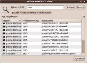 Abbildung 7: Der Gnome-Systemmonitor zeigt offene Dateien an und filtert dabei nach einigen wenigen Kriterien.