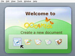 Startbildschirm von OOo4kids, hier auf einem XO-Laptop des OLPC-Projekts. Quelle: Ooo4kids.org.