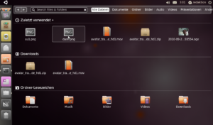 Die Oberfläche von Unity mit der Dateimanager-Ansicht und den Schnellstartern zur linken Seite.