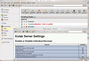 Abbildung 1: Pomadig wie eh und je kommt das simple Admin-Frontend von Kolab daher (Fenster unten im Vordergrund). Hinten der umfangreichere Webmailer Horde mit dem GUI für die Server-seitige Mailfilterung.