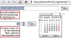 Abbildung 5: In Opera funktioniert die im Browser eingebaute Validierung von eingegebenen E-Mail-Adressen und »number«-Inputs mit Maximum- und Minimumwerten bereits. Zusätzlicher Komfort: Das Kalender-Widget zeigt der Browser bei Datumsfeldern automatisch an.