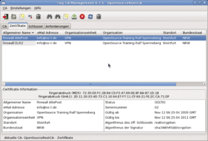 Abbildung 1: Mit Tinyca2 legt der Admin komfortabel Zertifikate an, speichert und exportiert sie. Das GTK-Tool verwaltet auch Revoke-Listen mit widerrufenen Zugangsberechtigungen.