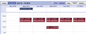Abbildung 1: Der Google-Kalender listet tägliche Standup-Meetings, ein wöchentliches 1:1-Meeting und für Montag einen Feiertag auf.