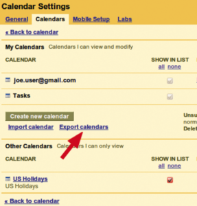 Abbildung 2: Die Funktion »Export« holt die ».ics«-Datei des Google-Kalenders vom Server.