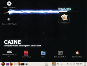 Abbildung 3: Auf dem Desktop der Caine-CD: Icons zur Installation auf der Festplatte, die Bash Script Tools und das Caine-Interface.