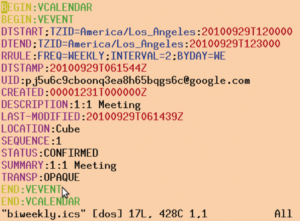 Abbildung 3: Die von Google Calendar als Kalender-Export produzierte ».ics«-Datei für ein zweiwöchentlich stattfindendes Meeting.
