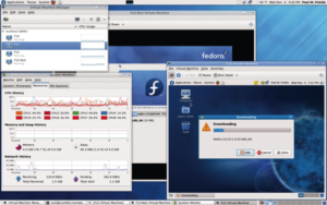 Abbildung 2: Das neue Fedora 12 kommt mit erweiterten Virtualisierungstools zu seinen Anwendern. Im Bild oben links läuft der Virtual Machine Manager.