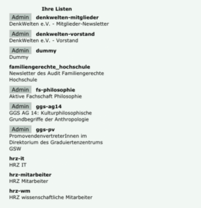 Abbildung 2: Sympa fügt einen »Admin«-Knopf bei Listen ein, wenn der angemeldete User sie besitzt.
