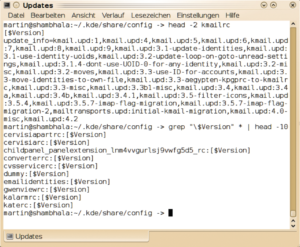 Abbildung 4: Eine Kmail-Konfigurationsdatei mit langer Geschichte, der Befehl Grep ermittelt Konfigurationsdateien mit Update-Markierungen.