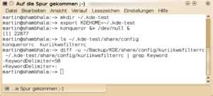 Abbildung 5: Gezielte Recherche bringt die Fehlerursache ans Licht. Der Test mit leerem KDE-Benutzerverzeichnis zeigt die betroffene Konfigurationsdatei und ein Vergleich den entscheidenden Unterschied.