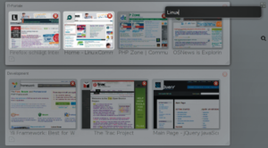 Abbildung 1: Gesamtkunstwerk: Die mit einem Mausklick erreichbare neue Tab-Übersicht in Firefox 4 zeigt alle offenen Tabs als gruppierbare Mini-Screenshots, die auch bei vielen geöffneten Seiten die Übersicht wahren.