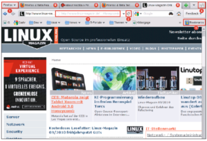 Abbildung 2: Die Neuerungen an der Oberfläche bringen vor allem Netbook-Nutzern Vorteile: komprimierte Menüleiste (1), ein einziger Button für Laden, Abbrechen und »Gehe zu« (2), Anzeige des Linkziels in der Adressleiste (3), ein Tab-Preview-Button (4) und ein Bookmark-Button (5).