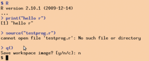 Abbildung 3: Der Testlauf mit R führt über den Aufruf der Print-Funktion und das Ausführen der Datei »testprog.r«.