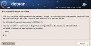 Abbildung 2: Der Debian-Installer erkennt Hardware, die unfreie Firmware benötigt, und bietet an, fehlende Treiber nachzuladen.