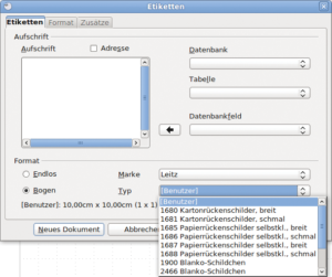 Abbildung 2: Im Open Office Writer öffnet der Labels-Eintrag aus dem »Datei | Neu«-Menü eine reiche Auswahl von Aufkleber-Formaten.