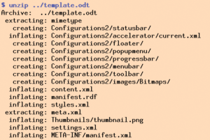 Abbildung 4: Ein Unzip-Aufruf fördert die XML-Dateien des Open-Office-Dokuments zutage, »content.xml« enthält die Texte.
