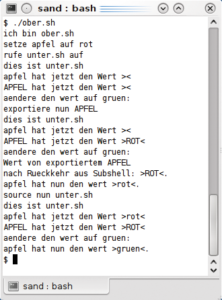 Abbildung 1: Das Skript &raquo;ober.sh&laquo; ruft die Datei &raquo;unter.sh&laquo; auf, die beispielsweise Konfigurationsparameter setzen könnte. Dabei müssen Systemverwalter zwischen einem einfachen Aufruf, dem Export von Umgebungsvariablen und dem Sourcen von Skripten unterscheiden.
