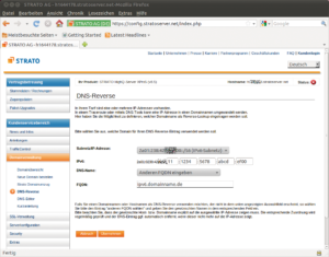 Abbildung 1: Gleich zu Beginn legen Sie für die IPv6-Adressen entsprechende DNS-Reverse-Einträge an – hier zu sehen am Beispiel des Webhosters Strato, bei dem Kunden den DNS-Eintrag selber vornehmen oder auch die Zone auf eigene Nameserver delegieren dürfen.