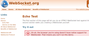 Abbildung 1: Websocket.org bestätigt, dass Firefox 4 ohne »network.websocket.enabled« nicht über Websockets kommunizieren kann. Hier ist also erst ein Eingriff des Benutzers erforderlich, um die fragliche Fähigkeit zu aktivieren.
