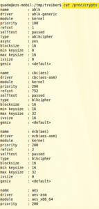 Abbildung 3: Das Crypto-API des Linux-Kernels gibt bereitwillig Auskunft über seine Fähigkeiten: Die virtuelle Datei »/proc/crypto« listet auf, welche Transformationen und Attribute das Betriebssystem bereitstellt.