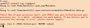 Abbildung 2: Zu viel für einen Billighoster: Eine CPAN-Shell zum Installieren eines Perl-Moduls führt zum Ziehen der Notbremse.