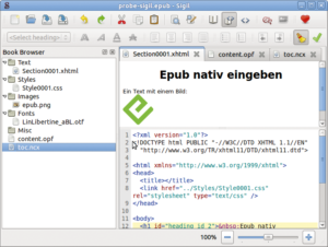 Abbildung 4: Geteilte Ansicht im Programm Sigil: oben Wysiwyg-, unten Quellcode-Editor, links Verzeichnisstruktur.