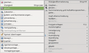 Abbildung 1a und b: Die Menüs in Softmaker Office (links) bleiben durch die eingesetzten Symbole übersichtlich und ersparen dem Anwender die zahlreichen Untermenüs aus Open Office (rechts).