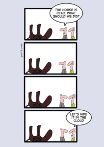 Abbildung 1: Das stetige Neuerfinden von Begriffen für verteiltes Rechnen spiegelt sich sogar in Cartoons wieder. Im Webcomics „From hype to hype“ betrachten zwei Personen ein totes SOA-Pferd [1]. Einer sagt: „Lass es uns in der Cloud verstecken.“