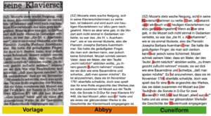 Abbildung 3: Abbyys einzige Abweichungen vom Originaltext der faltigen und kontrastarmen Vorlage sind ein nach heutiger Rechtschreibung zu Unrecht klein geschriebenes Wort und ein fehlender französischer Akzent, wenn Deutsch als einzige Erkennungssprache gewählt ist. Cuneiform hat seine liebe Not mit dem Text.