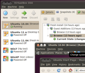 Abbildung 1: Virtualbox mit einigen Ubuntu- und Windows-Versionen als Gastsysteme.