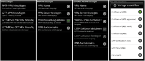 Abbildung 1: Von links nach rechts: Die Einstellungsmenüs für PPTP-, L2TP-, L2TP-VPN mit IPsec-PSK und L2TP/IPsec mit CRT-VPNs bei einem Froyo-Androiden.