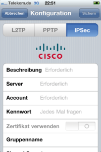 Abbildung 2: Dreimal VPNs mit I-OS: L2TP, PPTP und Ciscos IPsec auf Apples iPhone.