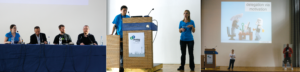 Abbildung 3: Von links nach rechts: Das Panel zu Copyright Assignments, ein gemeinsamer Talk von Entwicklern und Designern (hier Marco Martin und Fania Jöck über Plasma Active) sowie die abschließende Vorstellung und Bewertung der Zusammenarbeit von Lydia Pintscher (KDE) und Seif Lotfy (Gnome).