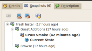 Abbildung 6: Ein neuer Snapshot &raquo;CPAN Smoke&laquo; baut auf den &raquo;Guest Additions&laquo; auf und verfügt über eine konfigurierte CPAN-Shell.