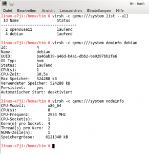 Abbildung 2: Auf diesem Rechner laufen zwei virtuelle Maschinen, die mit dem Namen &raquo;debian[UCC:x00-fake-italic]&laquo; nutzt nur eine CPU, obwohl der echte Prozessor ihr mehr abgeben könnte. Die Informationen landen in der Standardausgabe und lassen sich dann etwa mit Grep auseinandernehmen.