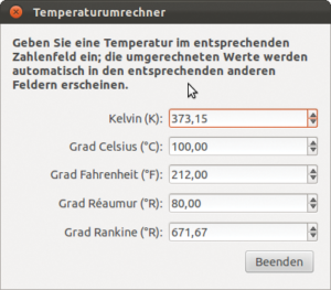 Abbildung 2: Der Temperatur-Umrechner läuft unter Linux (Ubuntu 11.10 Beta) problemlos.