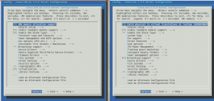 Abbildung 2: Je nach Plattform zeigt Menuconfig bereits im Hauptmenü unterschiedliche Konfigurationsoptionen (links x86_64, rechts ARM).