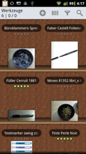 Abbildung 5: Kleines Display, große Übersicht: Die Android-App Shelves bringt eine vordefinierte Sammlung namens &raquo;Werkzeuge&laquo; mit, die sich gut für die Büroinventur eignet.