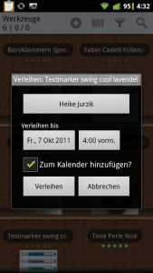 Abbildung 6: Wer sich öfter wundert, wo Textmarker, Locher oder Scheren stecken, verwendet die Kalenderfunktion bei der Shelves-Ausleihe. Die Android-App nutzt dazu den Google-Kalender.