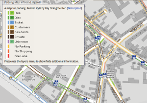 Abbildung 7: Die Parkzonen der Bamberger Innenstadt sind schon relativ vollständig erfasst (Parking.openstreetmap.org).