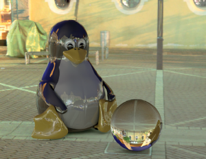 Abbildung 9: Tux mit Glaskugel im Licht des Schrannenplatzes in Erding. HDR und DRI erzeugen hier die extremen Falschfarben.