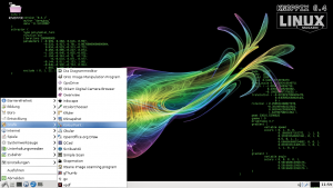 Abbildung 1: Den Desktop vom Knoppix 6.4 ziert ein fraktales Hintergrundbild. Die Inspiration dazu bekam Klaus Knopper bei einem Treffen mit österreichischen Mathematiklehrern.