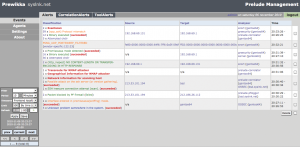 Abbildung 1: Das Webinterface von Prelude hört auf den Namen Prewikka. In einer tabellarischen Übersicht zeigt es alle Ereignisse an, die die verschiedenen Agenten gemeldet haben.