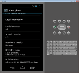 Abbildung 1: Das Android-SDK mit einem laufenden Ice Cream Sandwich in Version 4.0.2 – kurioserweise mit einem vergleichsweise alten Kernel.