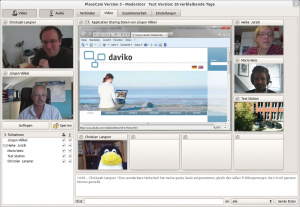 Abbildung 1: Placecam 3 ist nun auch für Linux verfügbar. Das Bild zeigt eine Konferenz mit fünf Teilnehmern, von denen der Windows-Nutzer ein Browserfenster für die anderen freigegeben hat.