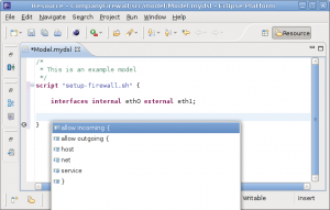 Abbildung 2: Eclipse und die Xtext-Tools erzeugen aus der Sprachdefinition einen Editor, der unter anderem Syntax Highlighting und Code-Vervollständigung bietet.