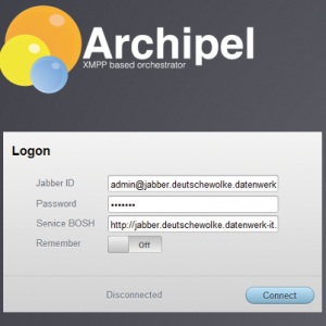 Abbildung 2: Ein Archipel-Login auf dem Client verlangt den kompletten Login-Namen (inklusive Domain) auch im Feld »Jabber ID«.