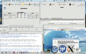 Abbildung 3: Mit Window Switch greift ein Benutzer vom Mac-OS-X-Desktop aus auf Gedit (unten links) zu und öffnet gleichzeitig eine Ubuntu-Netbook-Oberfläche (unten rechts) auf dem entfernten Linux-Rechner.