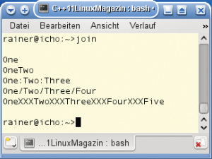 Abbildung 3: Mit der anonymen Funktion ist schnell ein Programm geschrieben, das die Elemente eines Vektors aufreiht und mit Separatorzeichen trennt.